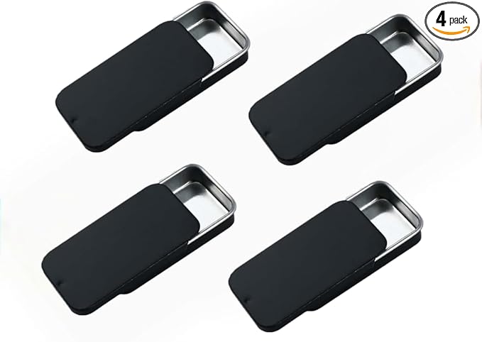4 Pcs Black Metal Rectangular Empty Mini Tin Box,Mini Iron Box Tinplate Push Candy Pill Cases Bins Jar Food Containers for Home Organizer(60x34x11mm)