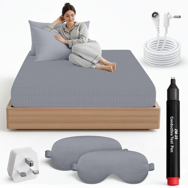 Grounding Sheet (Organic Cotton with Silver Fibres), Deep Sleep, Recovery & Sleep Optimisation, Grounded Bed Sheet for Natural Sleep Therapy, Breathable Fitted Sheet, Deep Pocket, King, Gray