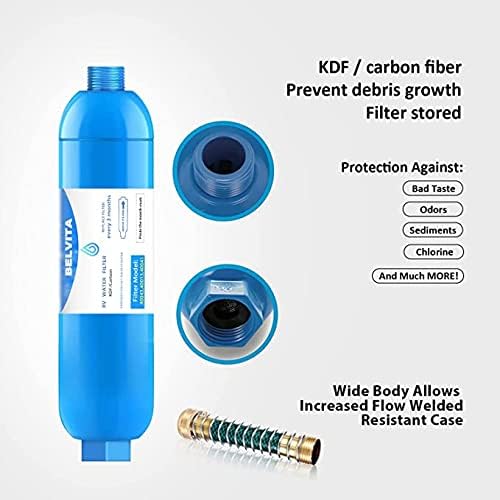 BELVITA RV Inline Water Filter with Hose Protector Reduces Lead, Fluoride, Chlorine, Bad Taste, Odor in Drinking, Washing with 2 Flexible Hose Protector,Dedicated for RVs and Marines,2 Pack