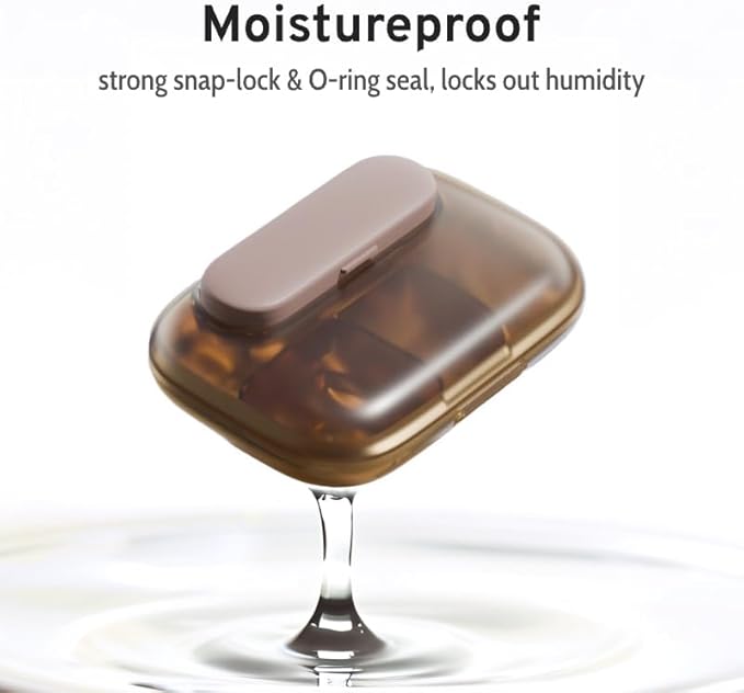 Small Travel Pill Case, Portable Brown Pill Box with Removable Magnetic Mini Pod, Lightproof Moistureproof Pill Dispenser, Compact Medication & Vitamin Organizer
