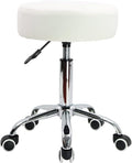 KKTONER Round Rolling Stool Chair PU Leather Height Adjustable Shop Stool Swivel Drafting Work SPA Salon Stools with Wheels Office Chair (White)