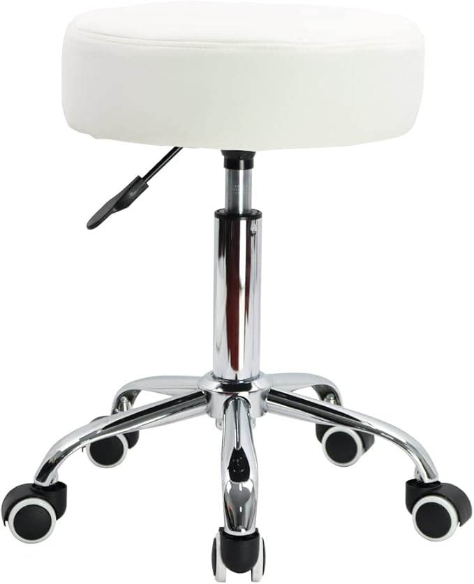KKTONER Round Rolling Stool Chair PU Leather Height Adjustable Shop Stool Swivel Drafting Work SPA Salon Stools with Wheels Office Chair (White)