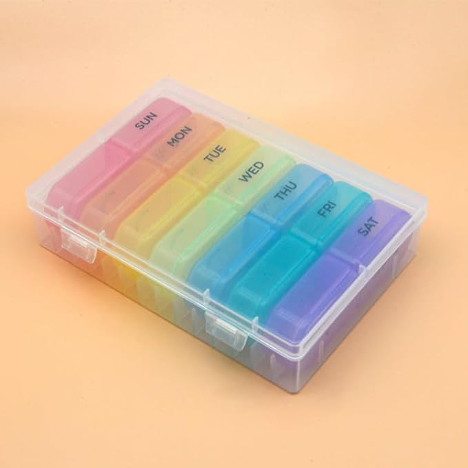 iplusmile Portable Pill Case Small Storage 7-Gird Medicine Organizer with Double Lid Protection Compact Outdoor Travel Size Pill Box 4.33X1.37X0.86 Inches