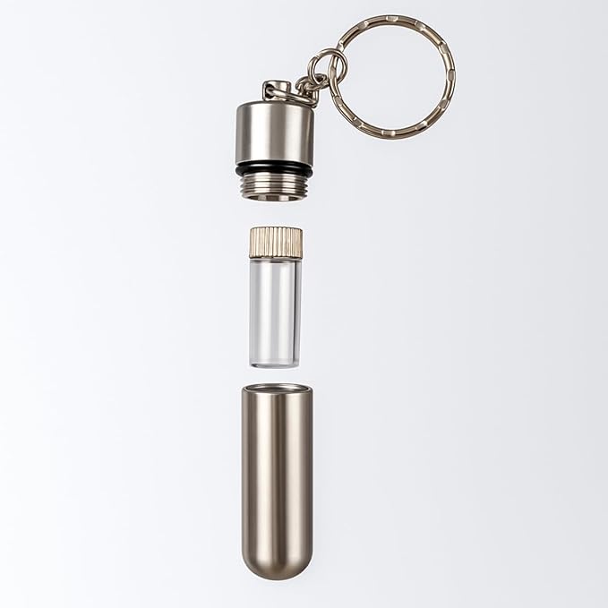 SCURRY 2" (5.1 cm) Metal Pill Holder | Dual-Vial Design | Key Ring Attached| for Emergency Medication & Information | Moisture-Resistant | Ideal for Heart, Diabetes & Blood Pressure Patients
