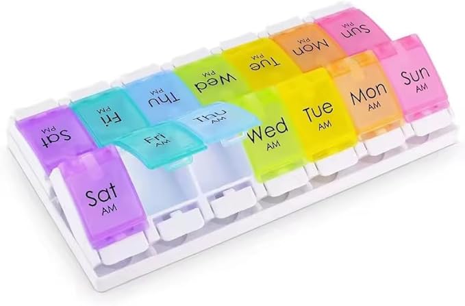 Weekly Pill Organizer 7 Day Large Storage Pill Box AM PM Daily Easy Fill Medicine Pill Cases Two Time A Day Pill Case Rainbow Design