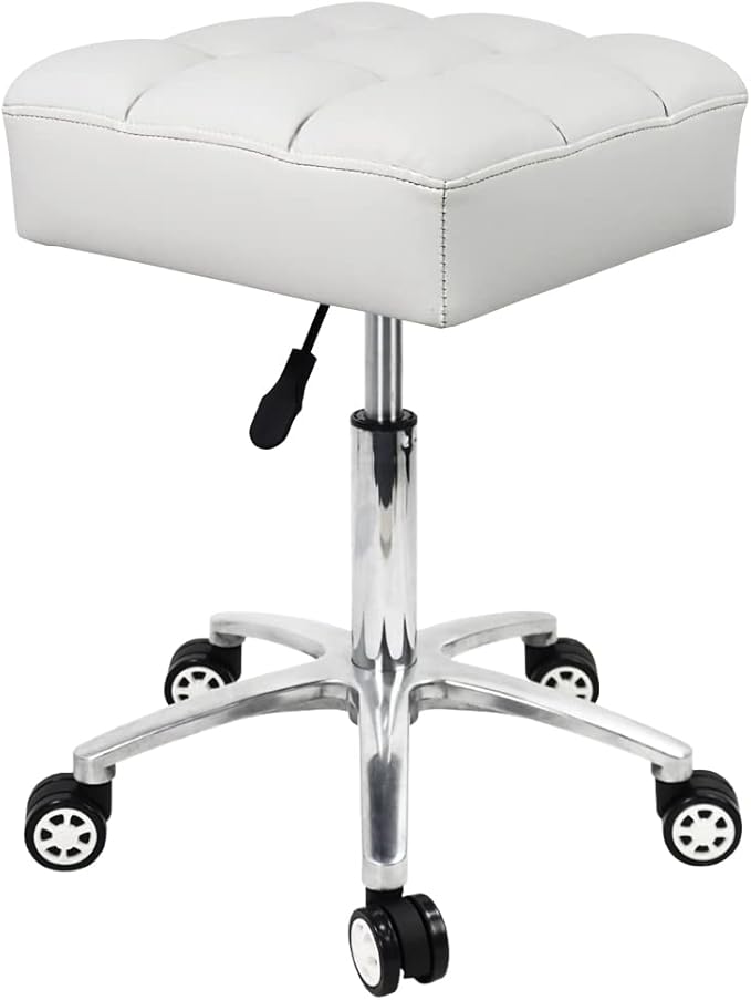 Rolling Stools Square Seat Thick PU Leather 360° Swivel Stool with Wheels Hydraulic Lift Height Adjustable Stool Chair for Home Kitchen Drafting Lab Office Salon Massage Stool（White）