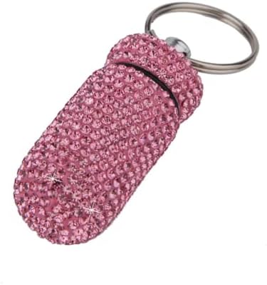 2 Pack Bling Crystal Rhinestones Waterproof Pocket Keychain Pill Holder，Portable Mini Aluminium Alloy Pill Organizer Case Container to Hold Vitamins for Outdoor Camping Travel（Silver,Pink）