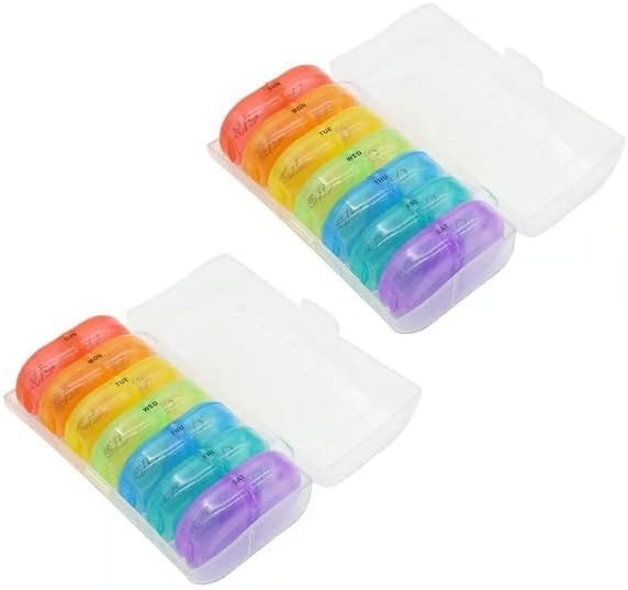 Portable Pill Organizer for Travel, 7-Day Pill Case with 14 Compartments, Pill Holder for Vitamins & Medication, Leak-Proof & Compact Design (White Shell with Color Grid, 2PCS)