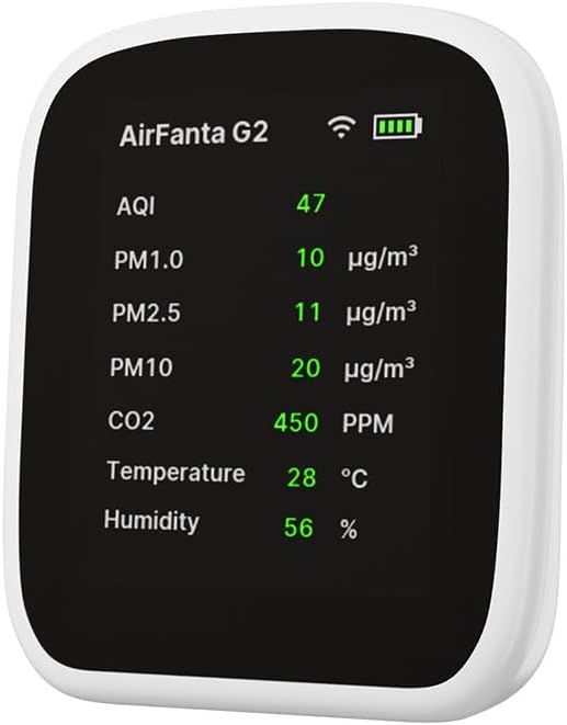 G2 Air Quality Monitor: Wireless Indoor Air Quality Monitor for Office or School (PM, CO2, Temperature, Humidity) Portable, Battery Powered, TFT Screen, App for Configuration & Data History