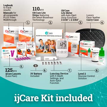 Oh’Care Lite Blood Sugar Test Kit – Blood Glucose Meter with Strips and Lancets, Lancing Device, Log, and Case - One Touch Eject Glucometer (110 Strips, 125 Lancets, & Control Solution)