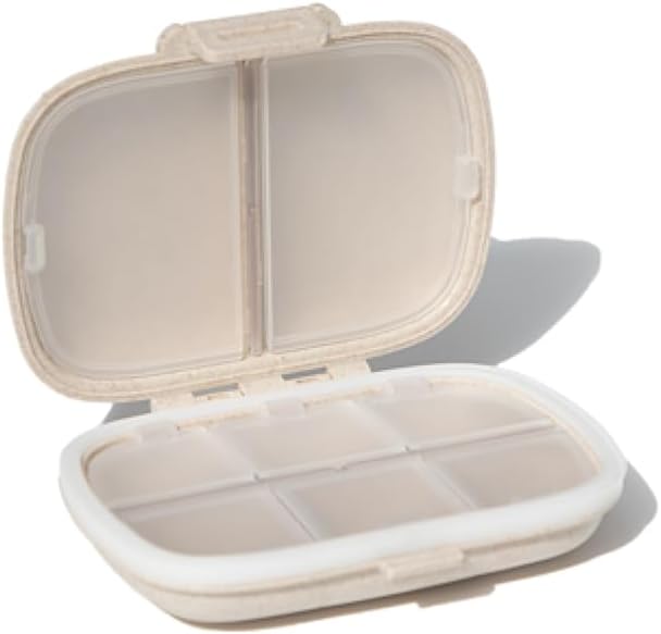 Travel Pill Organizer with 8 Compartments- Pill Container for Medication, Vitamins, Jewelry, and Small Items- Pocket Pharmacy with Labels (Beige)