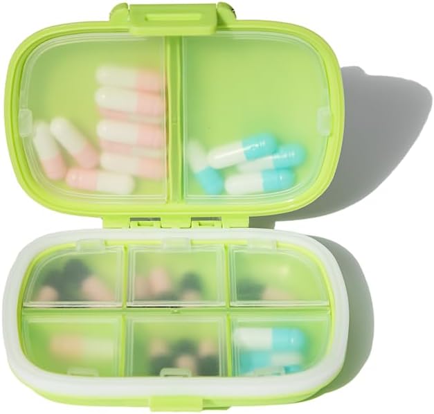 Travel Pill Organizer with 8 Compartments- Pill Container for Medication, Vitamins, Jewelry, and Small Items- Pocket Pharmacy with Labels (Beige)