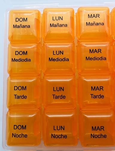 Spanish Pill Box 7 Day Four Times a Day Weekly Pill Planner Organizer - Large Compartment Pill Boxes Store medications for Entire Week. Cuatro veces al día Durante UNA semana.
