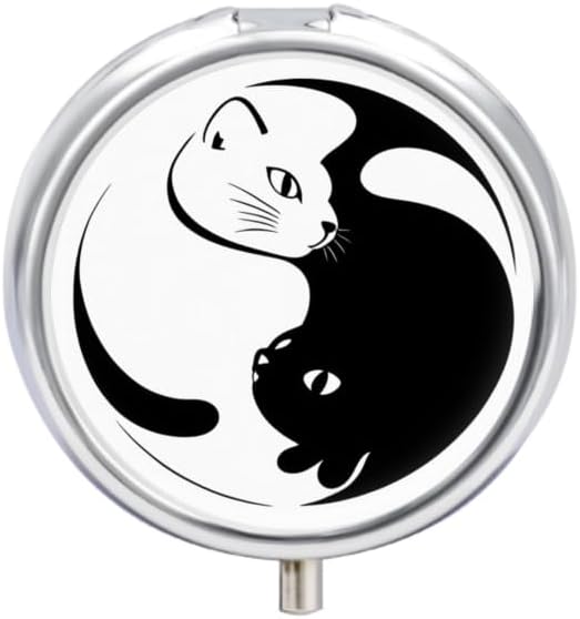 Round 3 Compartment Pill Box, Decorative Travel Pill Case, Moistureproof Daily Cute Pill Box Suitable for Women Men Compatible with Yin Yang Black and White Sleepy Cat