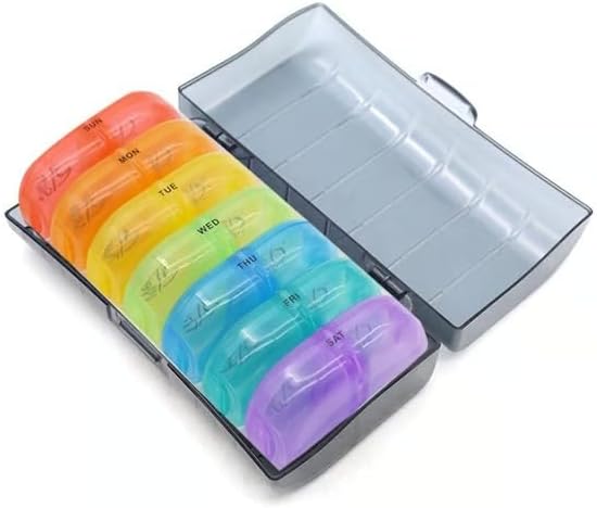 Portable Pill Organizer for Travel, 7-Day Pill Case with 14 Compartments, Pill Holder for Vitamins & Medication, Leak-Proof & Compact Design (Black Shell with Color Grid, 1PC)