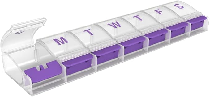 EZY DOSE Weekly (7-Day) Pill Case, Medicine Planner, Vitamin Organizer Box, 2X-Large Push-Button Compartments, Color May Vary, BPA Free
