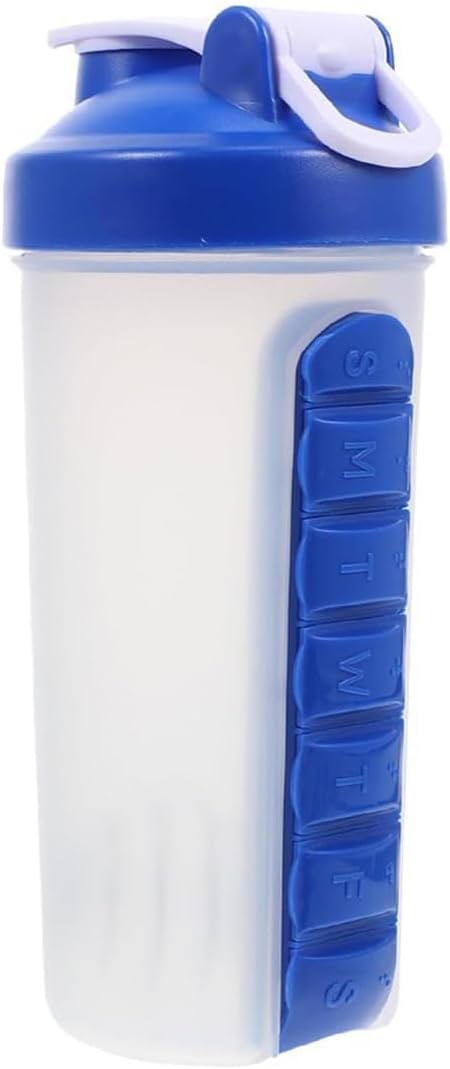 2-in-1 Water Bottle and Pill Organizer, 600ml Capacity, 7 Compartments outdoor capsule cup medicine box dispenser (Shaking Cup Blue)