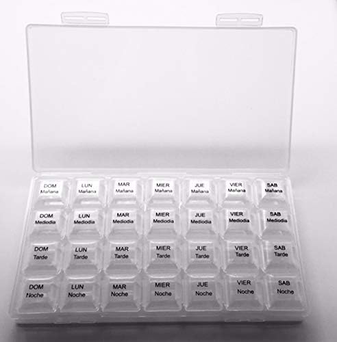 Spanish Pill Box 7 Day Four Times a Day Weekly Pill Planner Organizer - Large Compartment Pill Boxes Store medications for Entire Week. Cuatro veces al día Durante UNA semana.