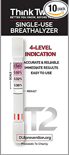 Think Twice Single-Use Breathalyzer - 10 Count - Disposable Alcohol Test 0.00% - 0.08% BAC