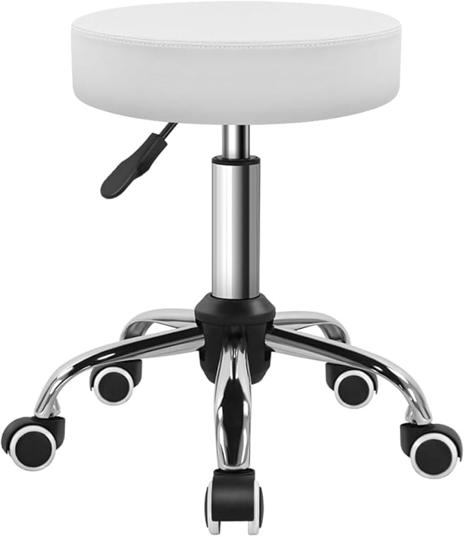 PU Leather Swivel Stool with Wheel for Salon Work Home SPA Shop Height-Adjustable and Cost-Effective Rolling Stool Chair Small (White)