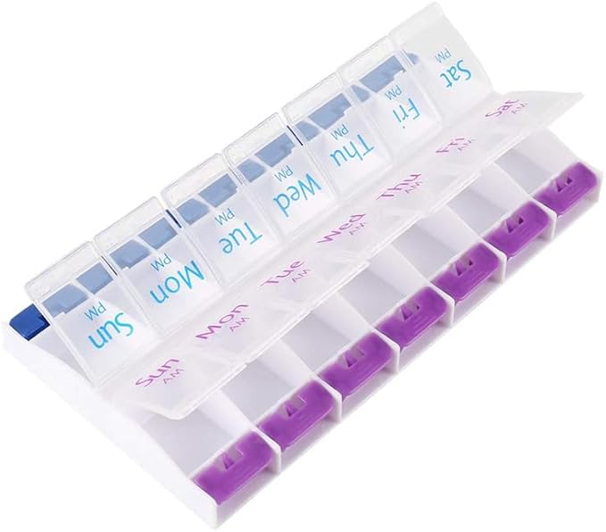 Daily Pill Case Organizer, 7-Day Weekly Medicine Planner Organizer, AM PM, Large Tray 14-Compartment Meds Box Container Holder for Medication, Vitamin, Supplement, Fish Oil, Purple + Blue