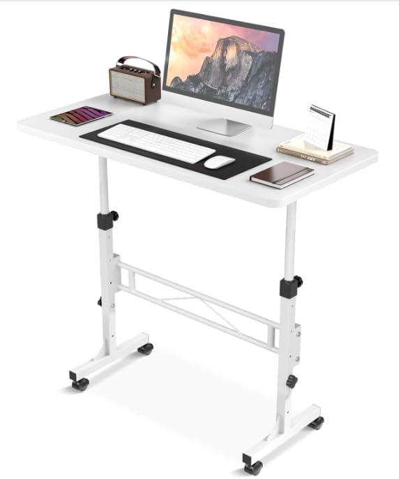 Small Standing Desk Adjustable Height, Mobile Stand Up Desk with Wheels, 32 Inch Portable Rolling Desks Conference Room Tables for Walking Pad Treadmill White