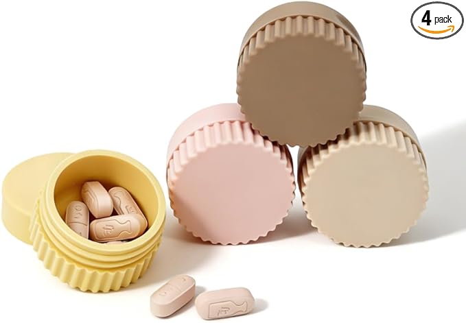 4pc Soft Silicone Pill Organizer, Small Compact Pill Case for Purse, Portable Jewelry Holder, Color-Coded Medicine & Vitamin Box