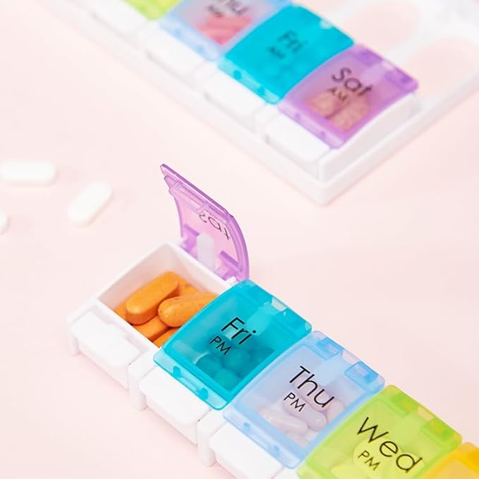 Push Button 7-Day Pill Case, Daily Medicine Planner, Travel Vitamin Organizer, Twice a Day AM PM 14 Compartments Pill Box Reminder for Fish Oil, Supplement, Arthritis Friendly, Colorful Lids