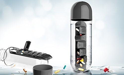 Asobu Combine Daily Pill Box Organizer with Water Bottle, 20 oz, Black (Black)