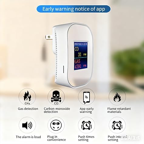 WiFi Carbon Monoxide & Natural Gas Detector Plug-in, 2-in-1 Gas and Carbon Monoxide Detector, Smart CO Detector Plug in & Combustible Gas Leak Detector for Home, RV, Kitchen – Supports 2.4 GHz WiFi