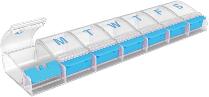 EZY DOSE Pill Organizer Weekly (7-Day), Medicine Planner, Vitamin Case/Box, 2X-Large Push-Button Compartments, Easy to Use, Travel-Friendly, Blue, BPA Free