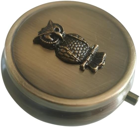 Vintage Metal Pill Box with Owl Design, Round Travel Pill Organizer, Small Bronze Portable Pill Box for Pocket or Purse,Decorative Metal Medicine Vitamin Pill Case Classical