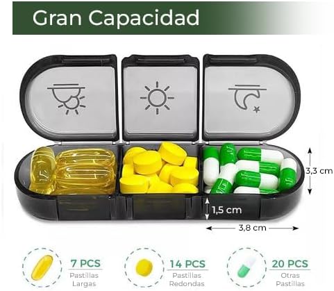 Weekly Pill Box 3 Takes 100% in Spanish – COLOR: BLACK | 7 Individual Pill Boxes for Each Day in Spanish with 21 Compartments (3 Daily Shots) | Travel Pill Organizer | Nexum Market