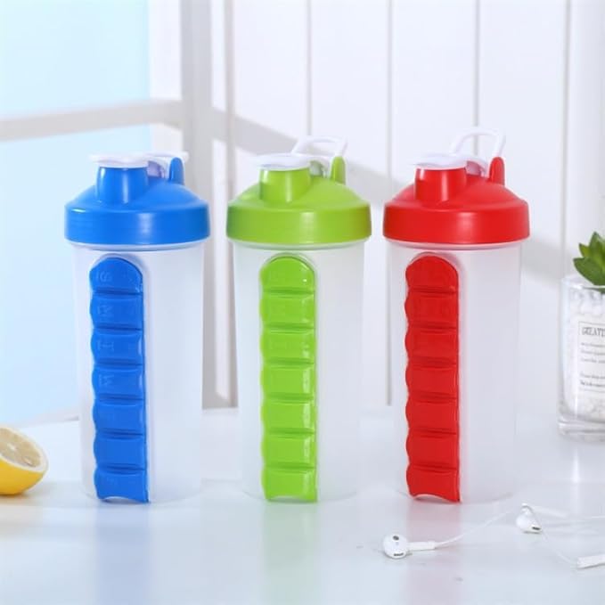 2-in-1 Water Bottle and Pill Organizer, 600ml Capacity, 7 Compartments outdoor capsule cup medicine box dispenser (Shaking Cup Blue)