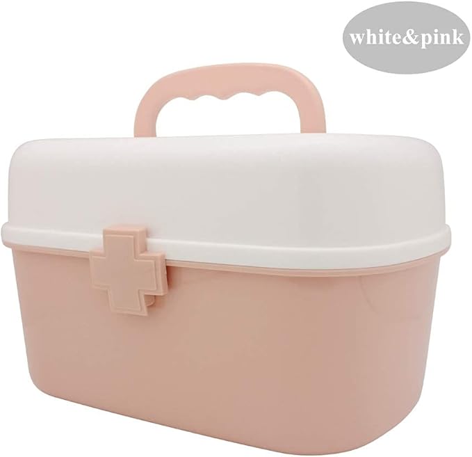 BangQiao Plastic First Aid Storage Box Container Bin with Removable Tray and Portable Handle, Family Emergency Medicine Kit Case Organizer, White&Pink