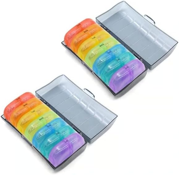 Portable Pill Organizer for Travel, 7-Day Pill Case with 14 Compartments, Pill Holder for Vitamins & Medication, Leak-Proof & Compact Design (Black Shell with Color Grid, 2PCS)