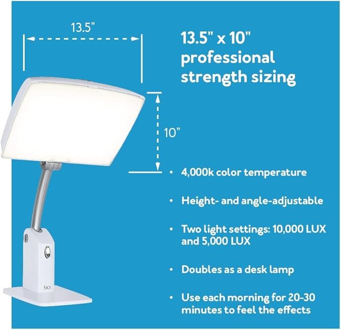 Carex Day-Light Sky Bright Sunlight Therapy Lamp, 10000 LUX Therapy Lamp at 12 Inches, LED Bright White Light with Adjustable Height and Brightness Levels for Mood, White