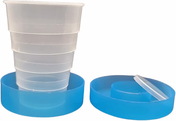 Travel Size Collapsible Drinking Cup and Built in Pill Box Case - Blue (3-Pack)