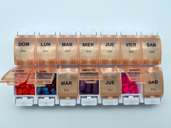 Healthaccessories Spanish Pill Box 7 Day Twice-a Day AM PM Weekly Pill Planner Organizer - Large Compartment Pill Boxes Store medications for Entire Week. Easy See Through. (Orange). para un semana.