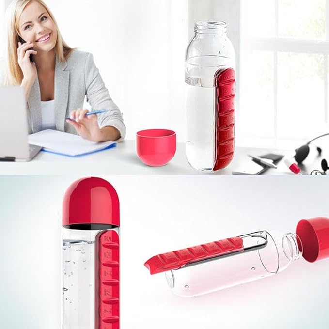 2-in-1 Water Bottle and Pill Organizer, 600ml Capacity, 7 Compartments outdoor capsule cup medicine box dispenser (Rose)