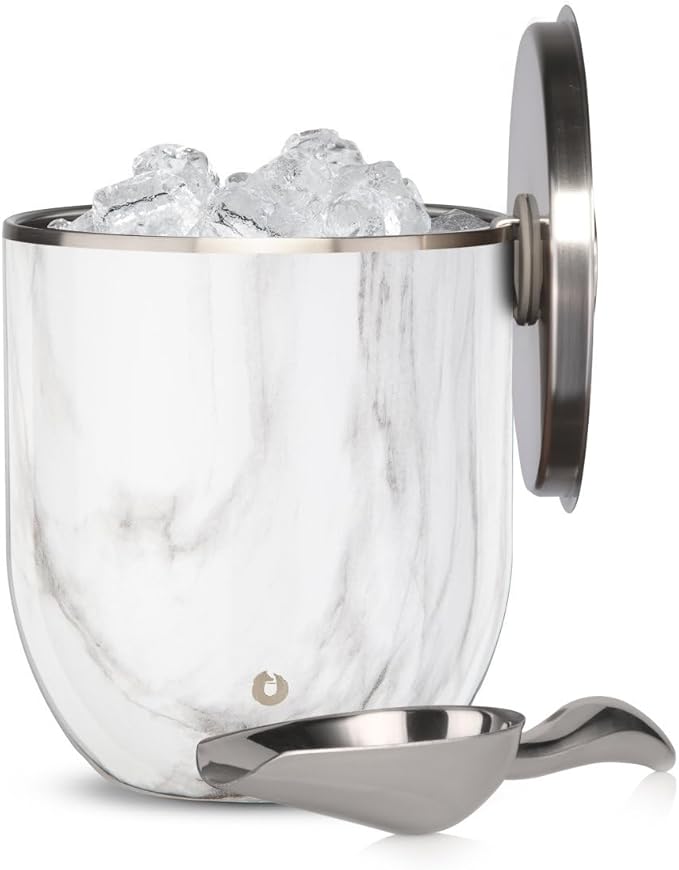 Snowfox Plus - Insulated Ice Bucket with Lid/Scoop, Premium Vacuum Insulated Stainless Steel Ice Buckets for Parties, Ice Box, Home Bar Accessories, Parties Supplies, Bar Decor, 3L, Marble