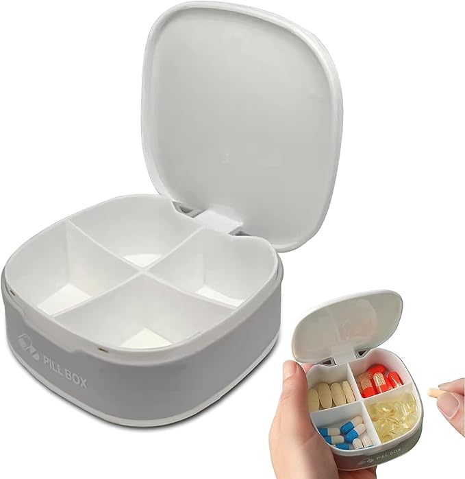 Pill Box 4 Times a Day Daily Pill Container Portable Pill Holder for Purse Compact Medicine Pill Organizer Vitamin Case Ideal for Travel (White)