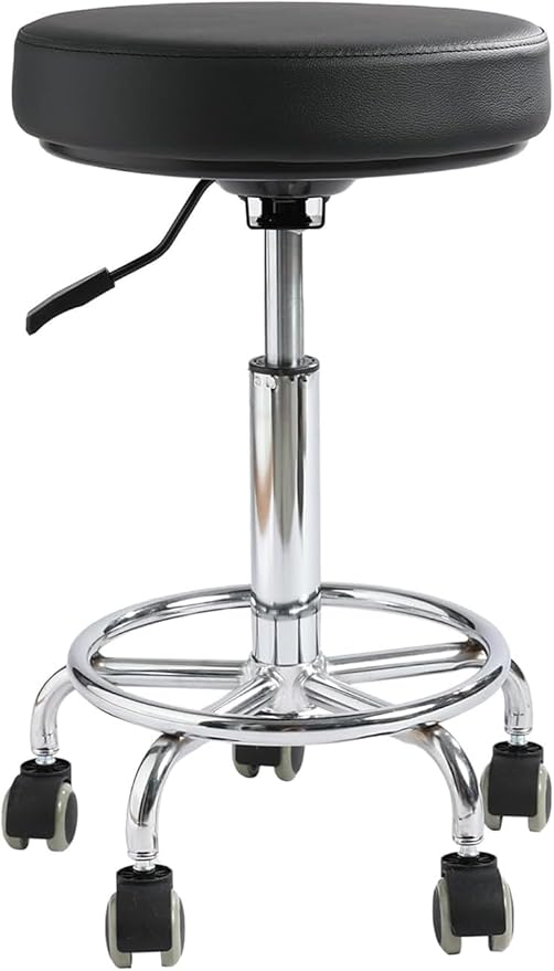 Adjustable Rolling Stool with Wheels - Ergonomic Salon & Tattoo Artist Chair, Office Stool with Comfortable PU Leather Seat,Black
