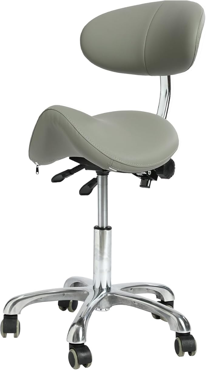 Adjustable Saddle Stool, ergonomically Designed Rotating Saddle Stool with Back Support, Rotating Rolling Base, Grey