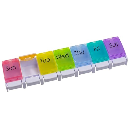 EZY DOSE Weekly 7-Day Pill Planner, Vitamin Organizer and Medicine Case, X-Large Push-Button Compartments for Easy Access, Durable Design with Colorful Rainbow Lids, Perfect for Home and Travel Use
