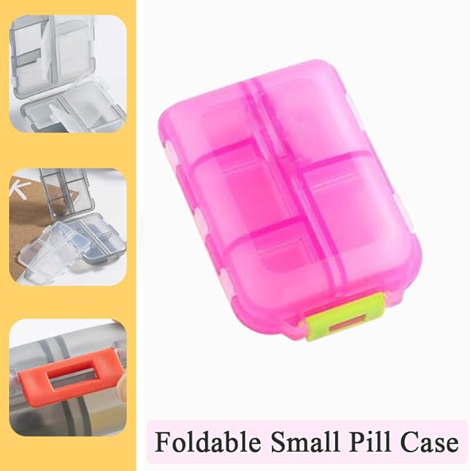 Travel Pill Organizer, Moisture Proof Daily Medicine Dispenser Box, Small Weekly Vitamin Case for Supplement, Fish Oil, Meds, Pocket Pharmacy Cute Capsule Container 10 Compartments, Pink
