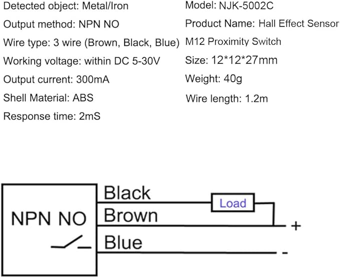 12mm Hall Effect Proximity Sensor Inductive Switch NPN NO（Normally Open) with Magnet DC5-30V NJK-5002C,Detecting Distance: 10mm