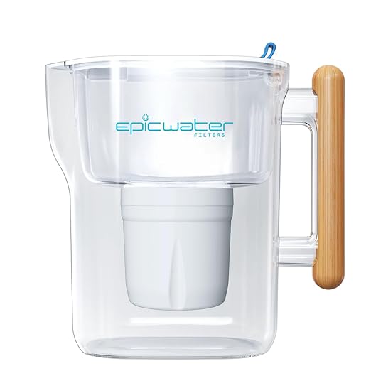 Epic Pure XP Water Filter Pitcher with Advanced CoreXchange™ Filter | NSF Certified | Removes PFAS, Lead, Chlorine & More | BPA-Free | Made in USA (White & Bamboo)
