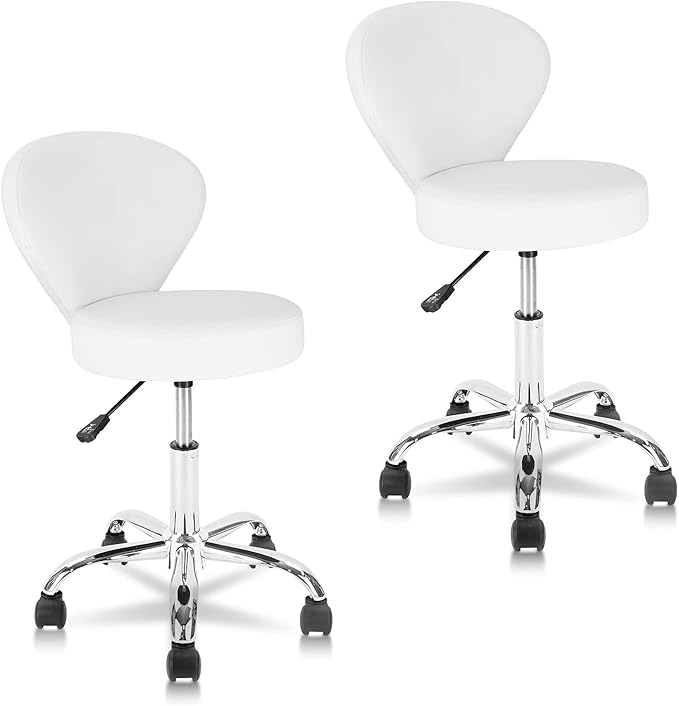 Leather Rolling Salon Stool with Back Support and Wheels Adjustable Height Swivel Spa Stools for Office Massage Facial Medical Drafting Tattoo Beauty Barber Lab Doctor Tattoo, White, 2 Pack
