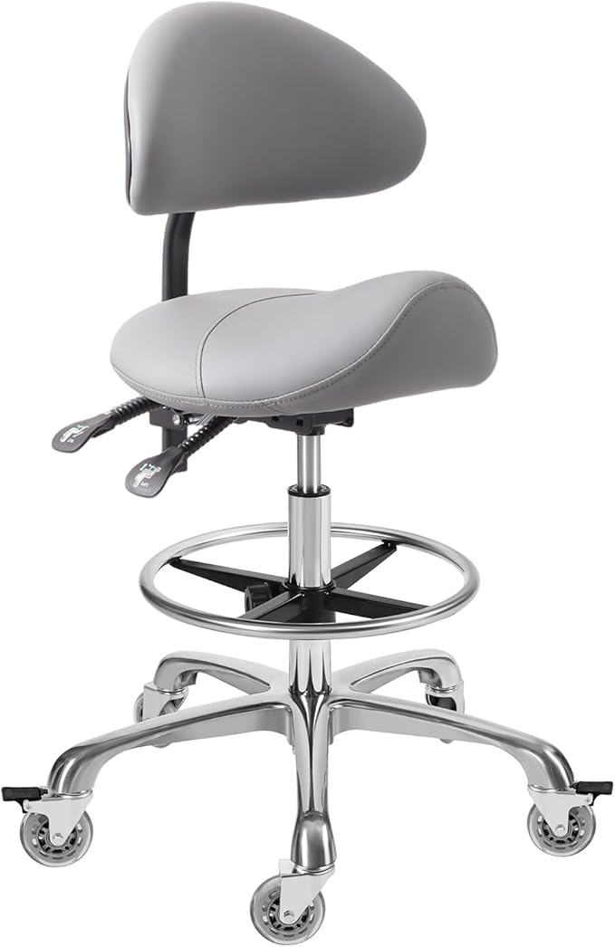 Saddle Stool Chair with Backrest and Footrest- Ergonomic Rolling Saddle Stools Hydraulic Swivel Adjustable Stool Esthetician Chair for Massage Beauty Salon Tattoo Dentist Clinic Home Office (Grey)